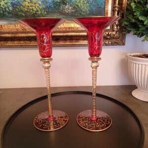 Rare Collectible Pier 1 Rioja Red Gold Scroll Blown Glass Candlestick Holders